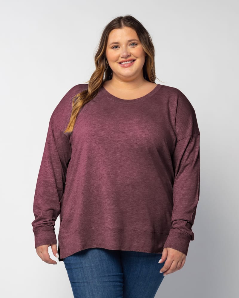 Front of a model wearing a size 1X Everyday Tunic in Maroon by chicka-d. | dia_product_style_image_id:289439